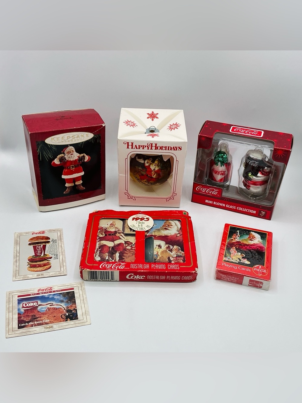 VTG Coca-Cola Lot Hallmark Christmas Tree Ornaments Santa Playing Cards Coke